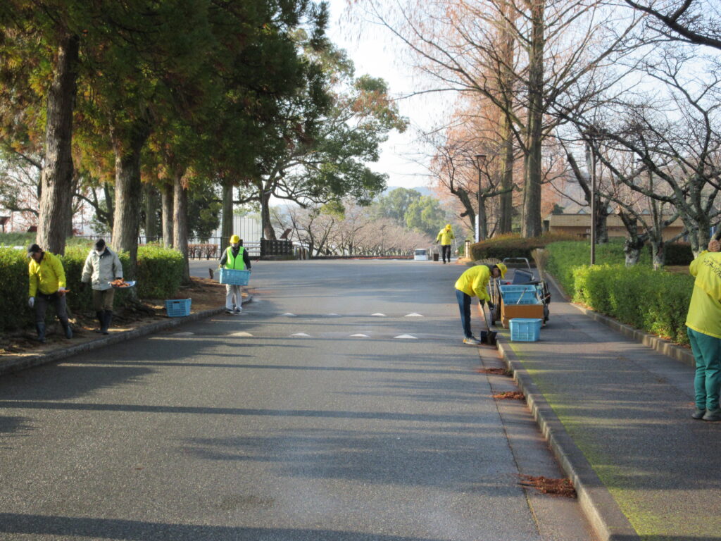 写真。維新公園の大通りを複数人で清掃する様子。