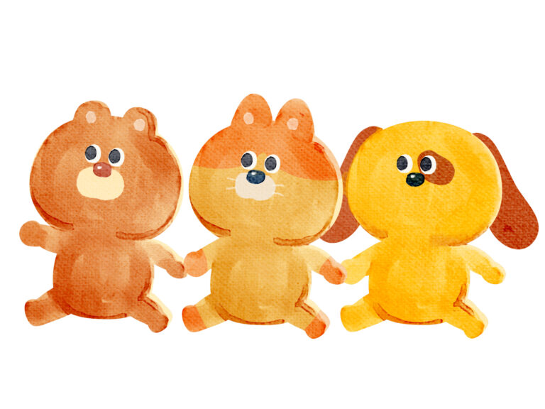 イラスト：お散歩する熊・猫・犬。かわいいぬいぐるみのようなタッチ。