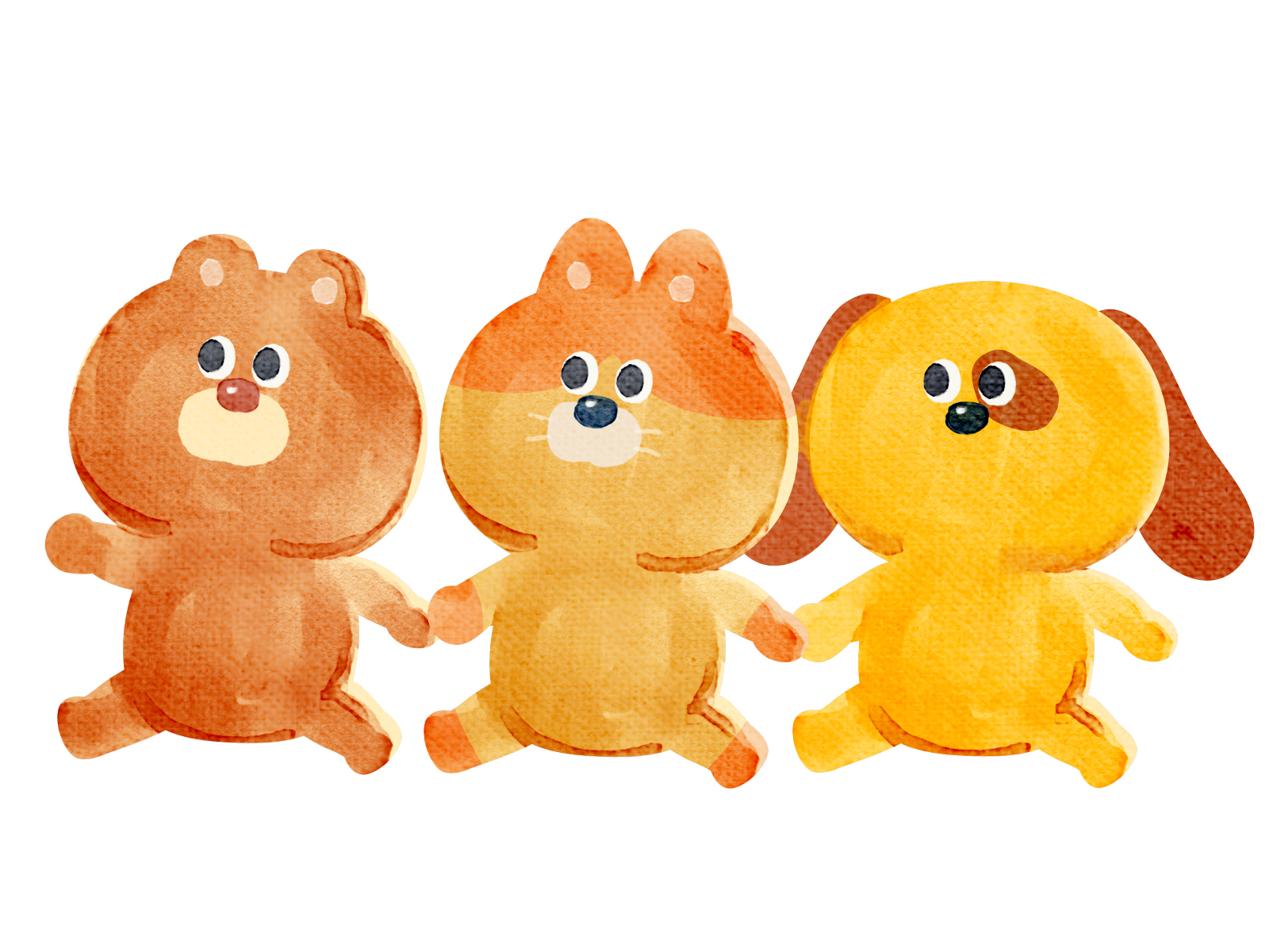 イラスト：お散歩する熊・猫・犬。かわいいぬいぐるみのようなタッチ。