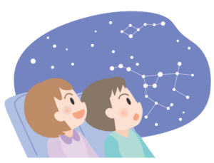 イラスト：男の子と女の子がプラネタリウムを見上げている様子