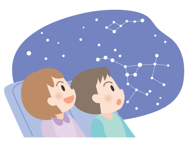 イラスト：男の子と女の子がプラネタリウムを見上げている様子